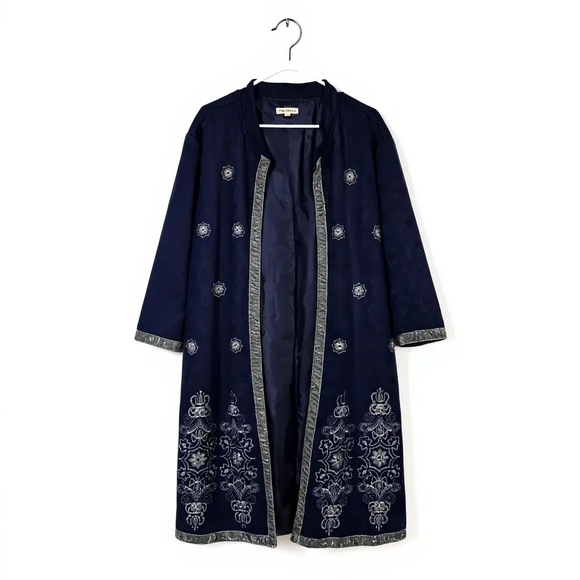 Indigo Thread Duster Coat Blue Embroidered Long Microsuede Longline Boho Plus 3X - Picture 3 of 14